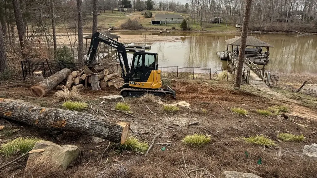 Excavator removing large trees from commercial property